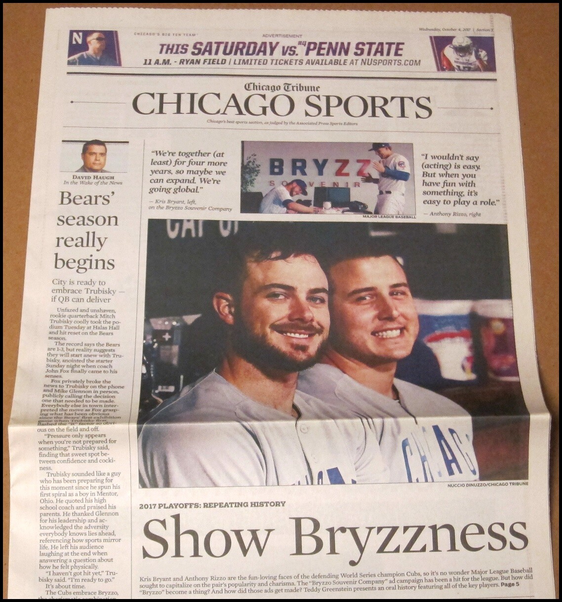 10/4/2017 Chicago Tribune Newspaper Kris Bryant Anthony Rizzo Cubs Bryzzo Oct. 4