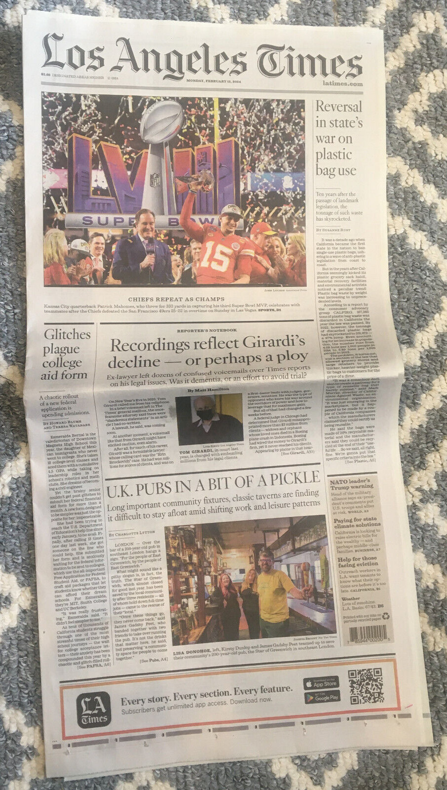 LOS ANGELES TIMES Feb. 12, 2024 Cali. SUPER BOWL LVIII Travis Kelce Taylor Swift