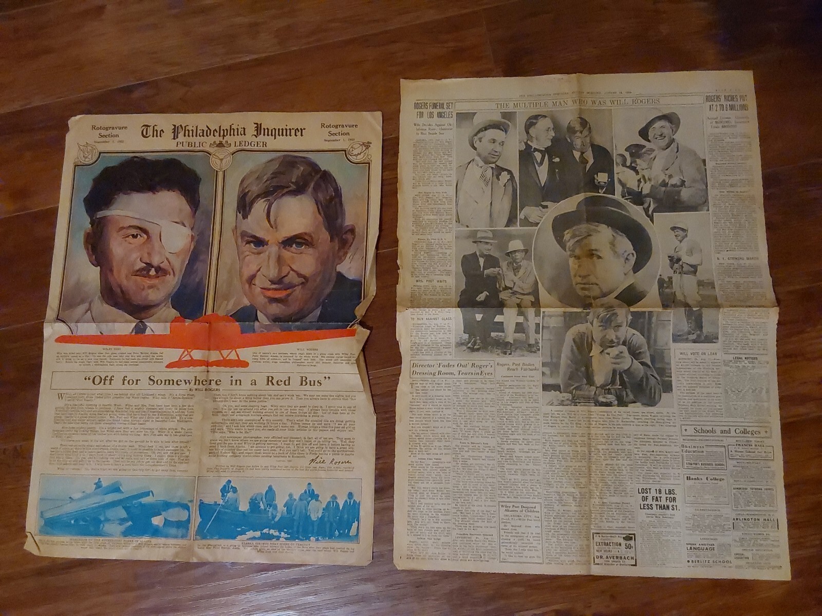 Will Rogers & Wiley Post Plane Crash Newspaper Lot 1935 COLOR Portraits