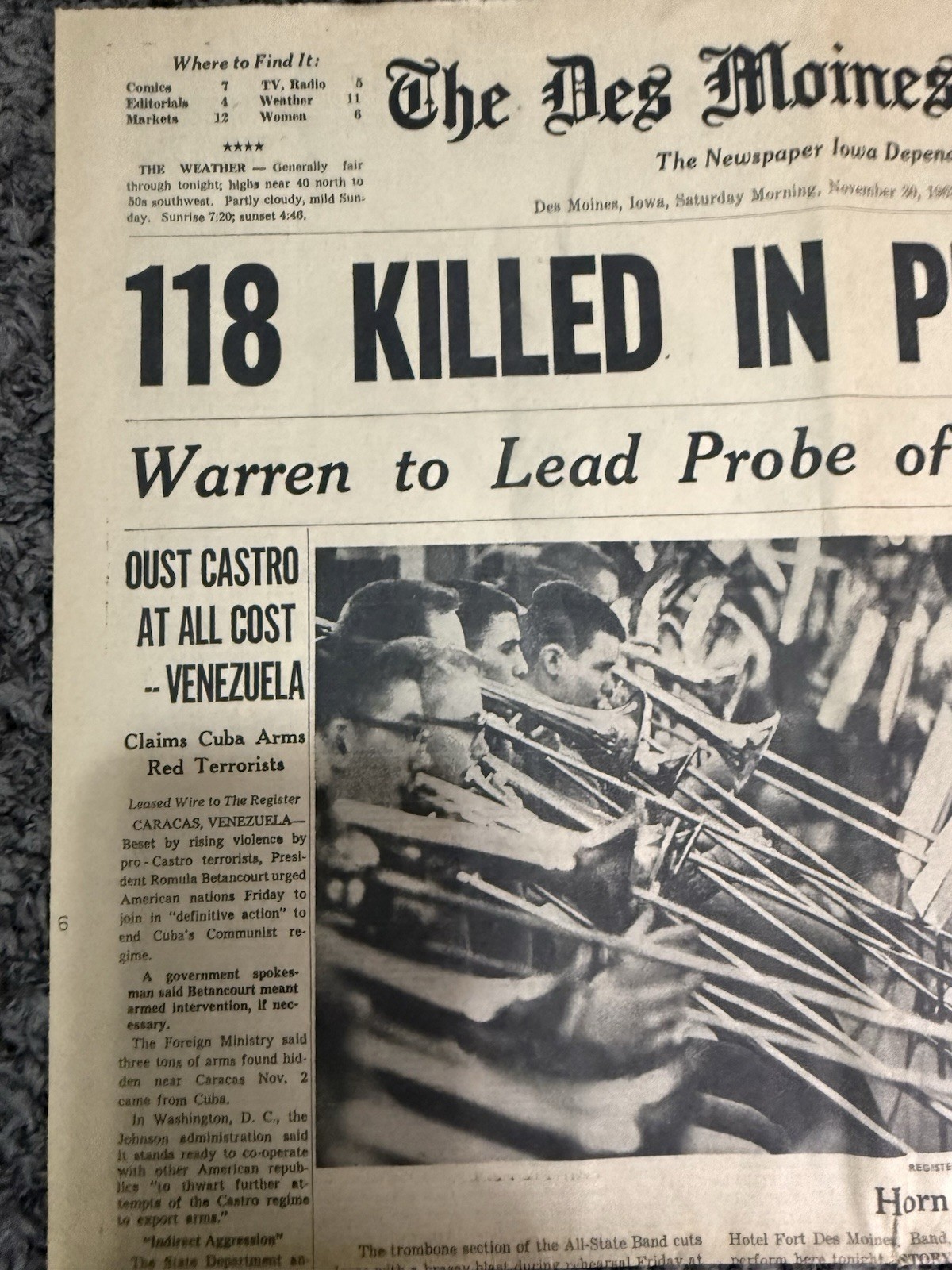 Des Moines IA Register Nov 1963 JFK Assassination Warren Commission Plane Crash