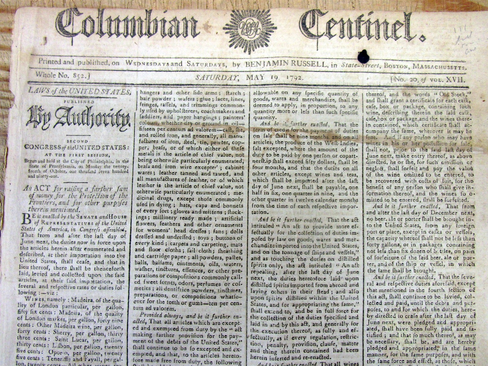1792 newspaper GEO WASHINGTON signed Act FRONTIER US PROTECTION fm INDIAN ATTACK