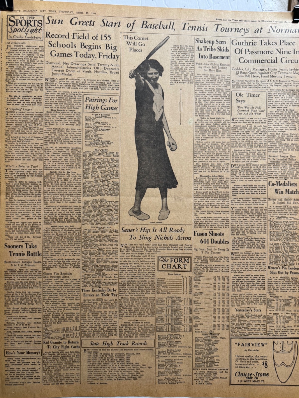 1933 CLASSEN HIGHSCHOOL OKLA. CITY JANICE DEBOLT TENNIS CHAMPION NEWSPAPER PAGE