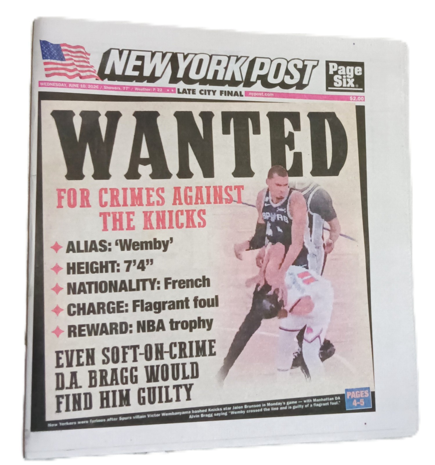 NEW YORK POST NEWSPAPER JUNE 10, 2026 – WANTED FOR CRIMES AGAINST THE KNICKS NBA