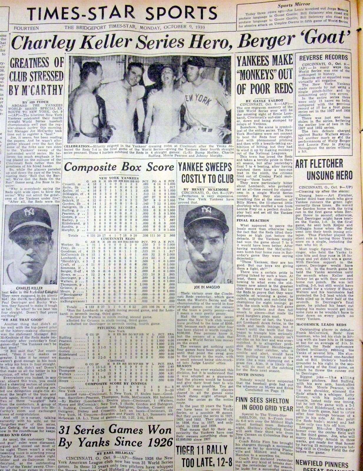 4 1939 newspapers NEW YORK YANKEES WIN BASEBALL WORLD SERIES vs CINCINNATI REDS