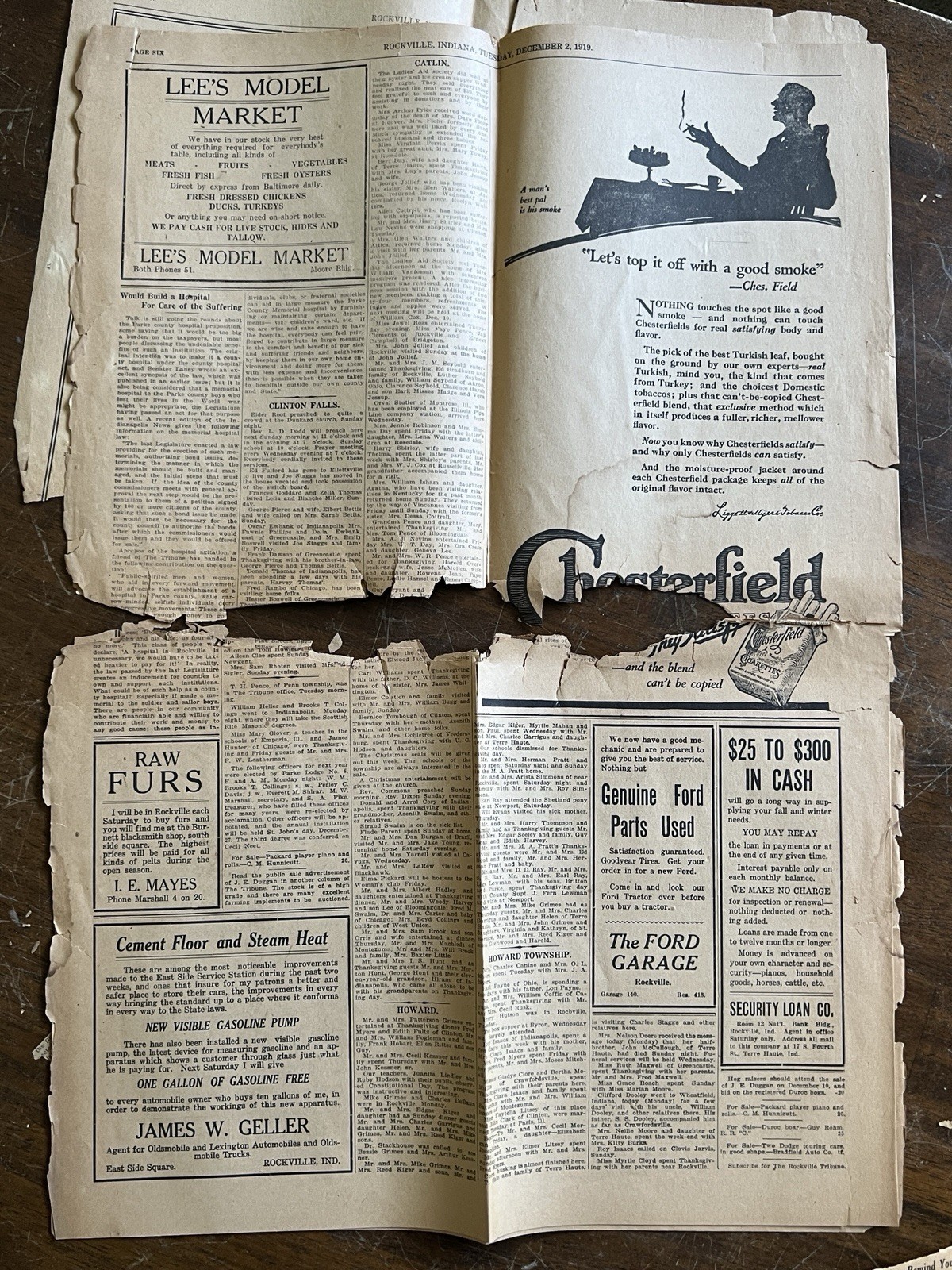 Vintage Rockville Tribune Newspaper Rockville Indiana December 2 1919 Rare