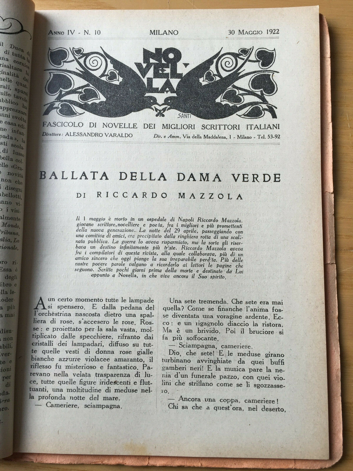 MONDADORI NOVELLA PERIODICAL ITALIAN WRITERS N° 10 1922 ANTON CECOF 2/19