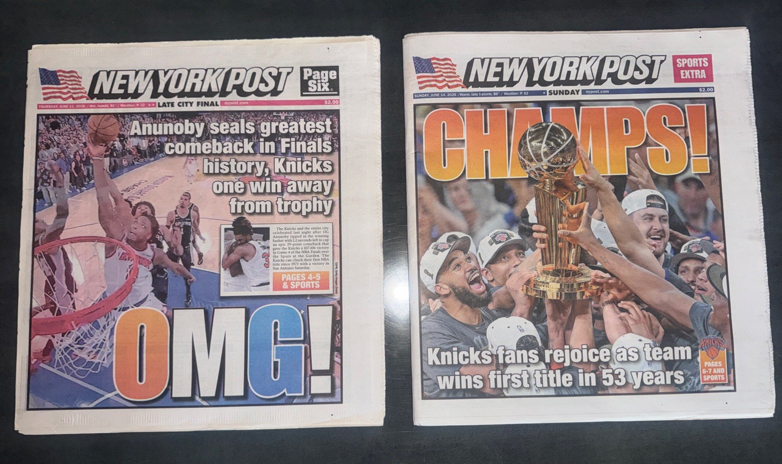 NY Post Knicks 2026 NBA Champions “Champs” & “OMG” Newspaper Cover – Lot of 2