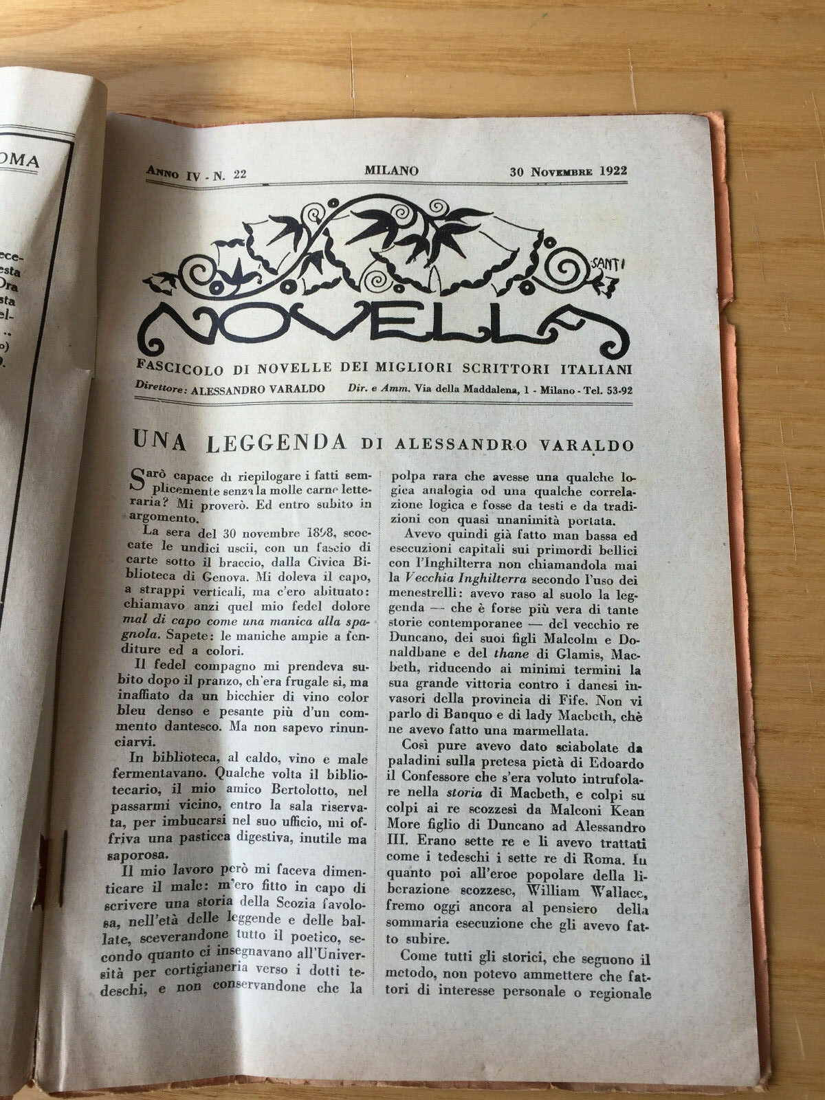 MONDADORI NOVELLA PERIODICAL ITALIAN WRITERS N° 22 1922 VARALDO CAVACCHIOLI