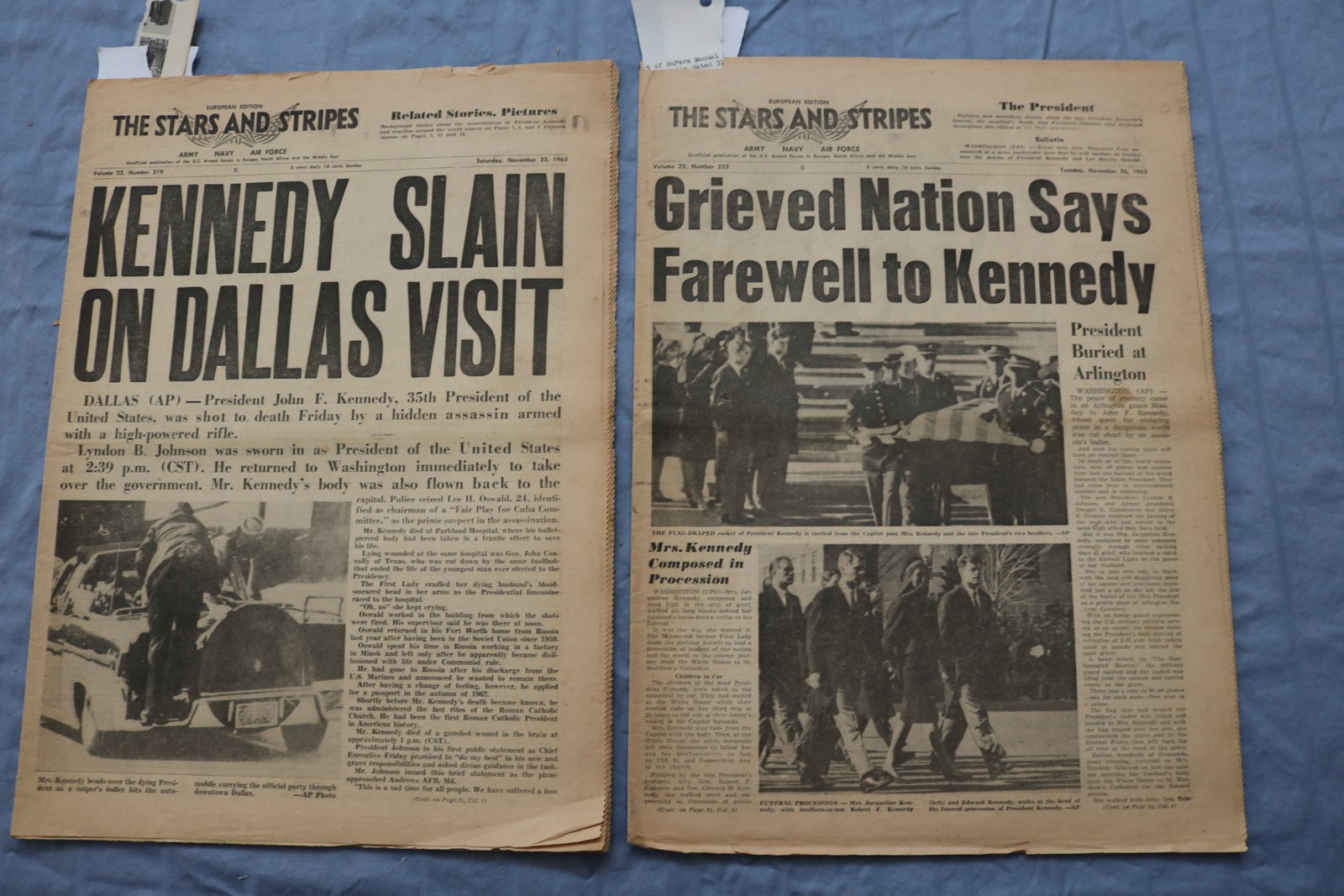 1963 THE STARS AND STRIPES NEWSPAPER-PRESIDENT KENNEDY SLAIN- LOT OF 2 – NP 9206