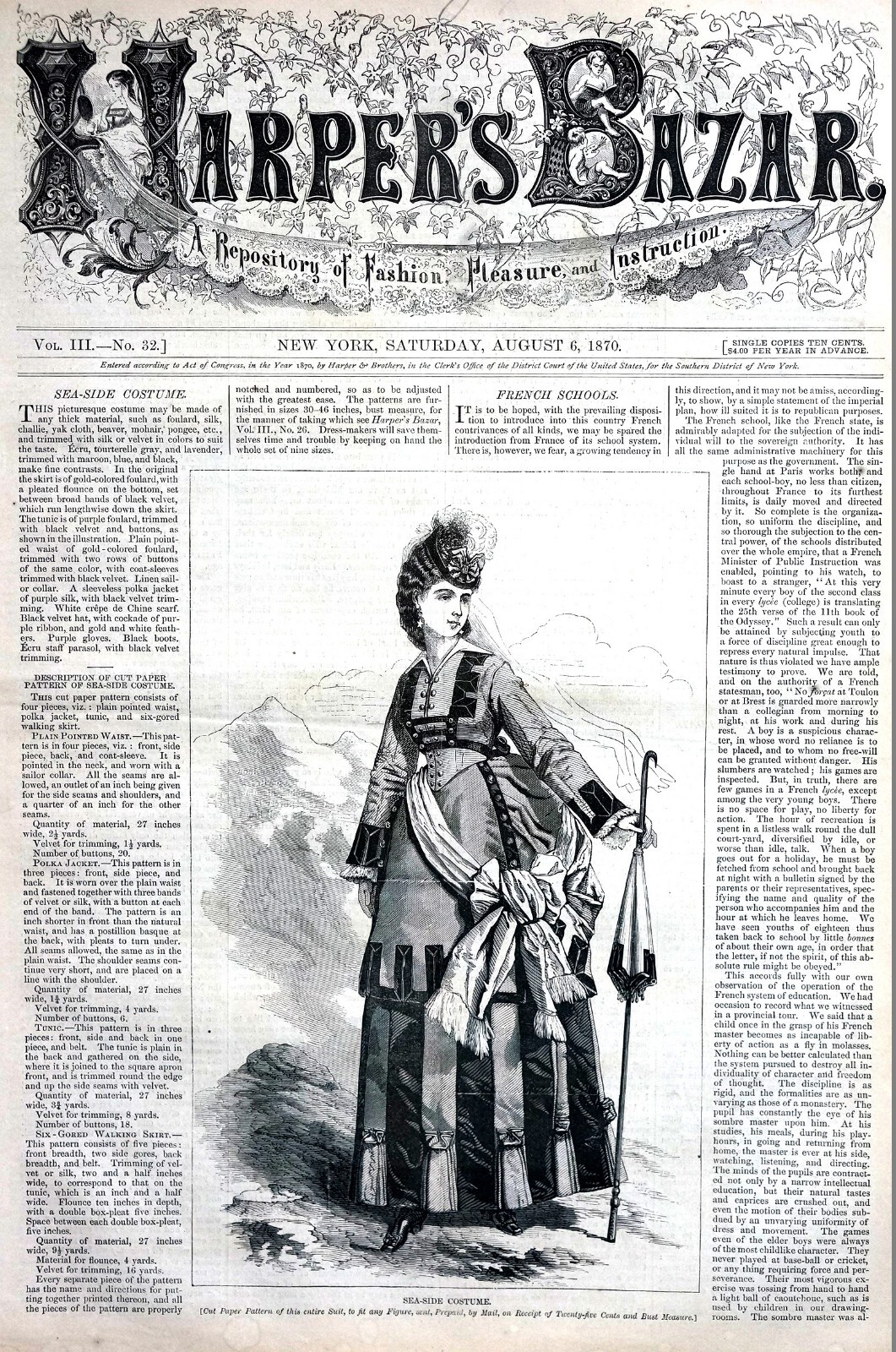 Harper’s Bazar Newspaper 8-6-1870 VICTORIAN LADIES SEASIDE SUMMER RIDING FASHION