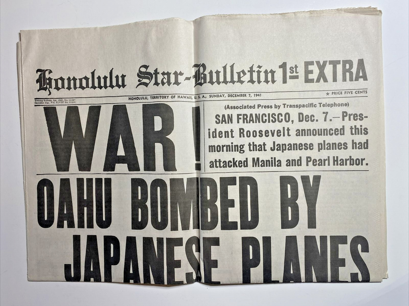 Honolulu Star-Bulletin SUNDAY DEC 7 1941 REPRO-NEWSPAPER 1st-3rd EXTRA! WWII