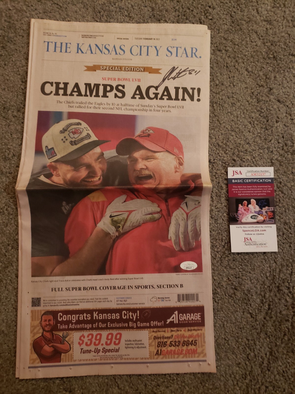 JUSTIN WATSON SIGNED SUPERBOWL LVII 57 NEWSPAPER KC STAR JSA COA KC CHIEFS