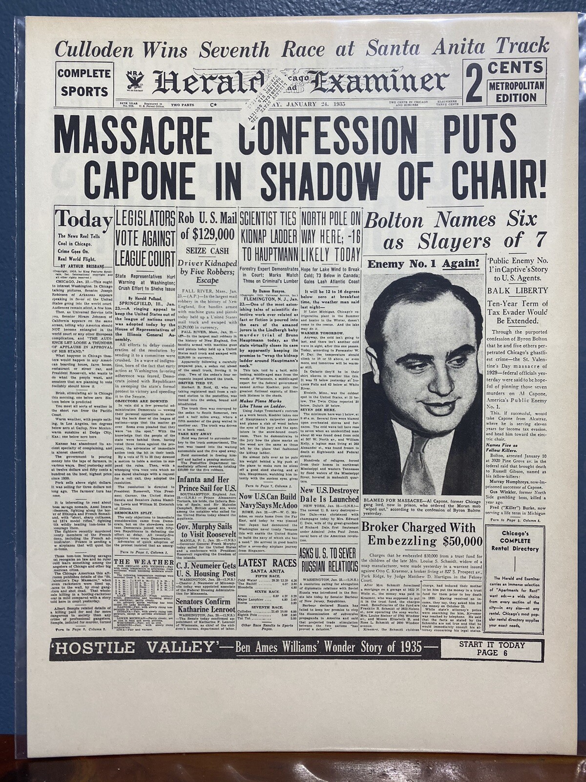 VINTAGE NEWSPAPER HEADLINE GANG LORD AL CAPONE ORDERED MORAN GANG WIPED OUT 1935