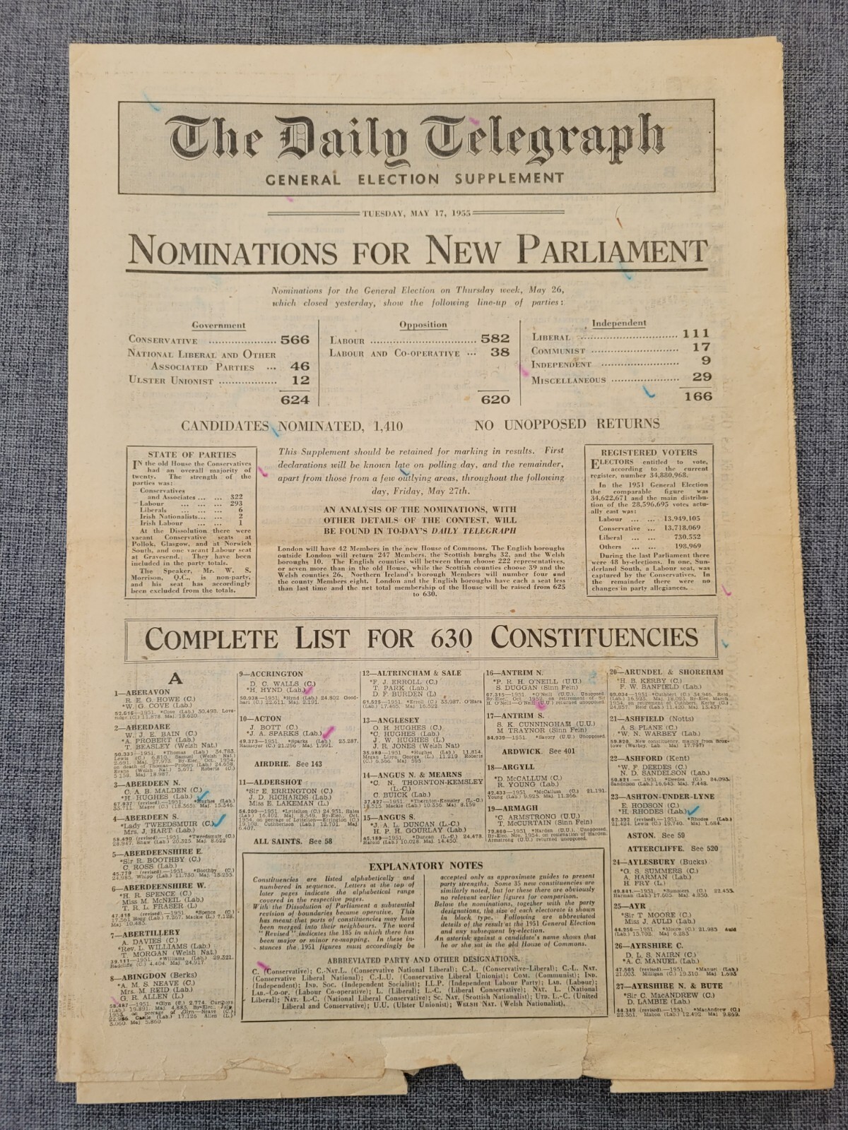 THE DAILY TELEGRAPH GENERAL ELECTION SUPPLEMENT 17 MAY 1955 NOMINATION NEWSPAPER