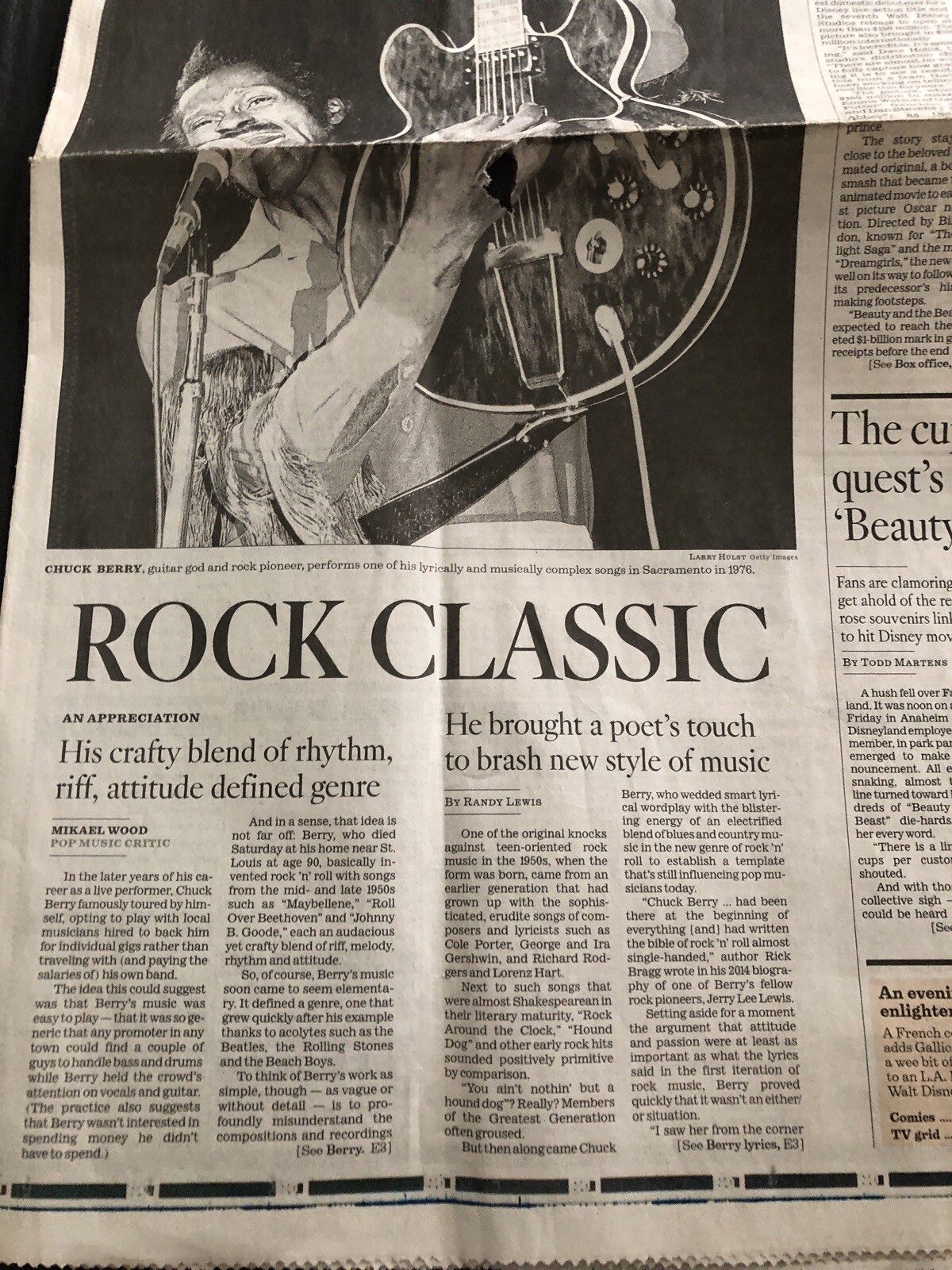 Remembering Chuck Berry Death 3/20/2017 Los Angeles Times Newspaper Rock Classic