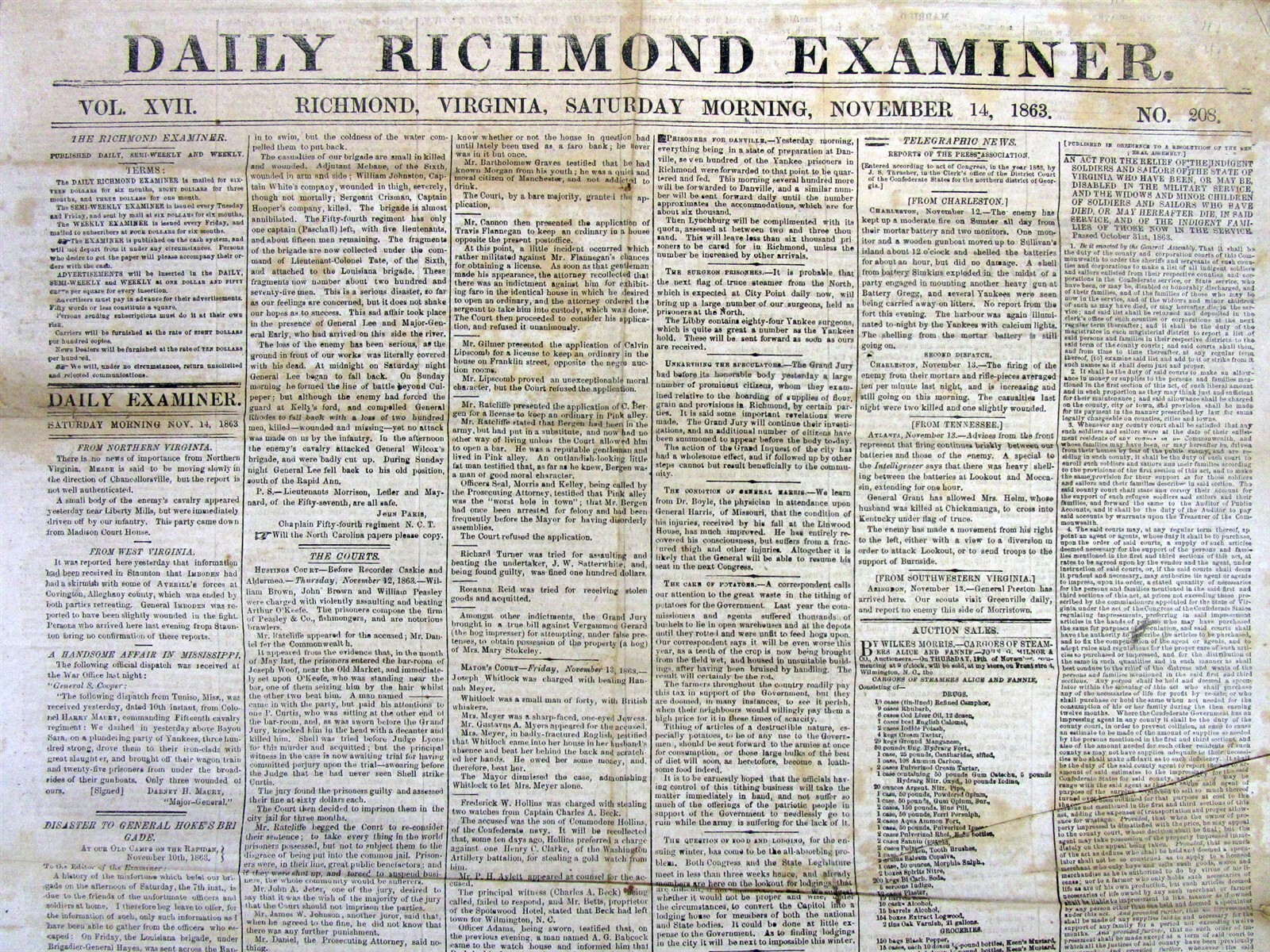 1863 Confederate Civil War newspaper BATTLE of RAPPAHANNOCK STATION Remington VA