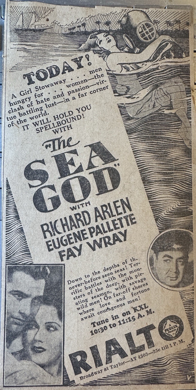 1930 obscure FAY WRAY Portland Oregon newspaper Movie Ad THE SEA GOD
