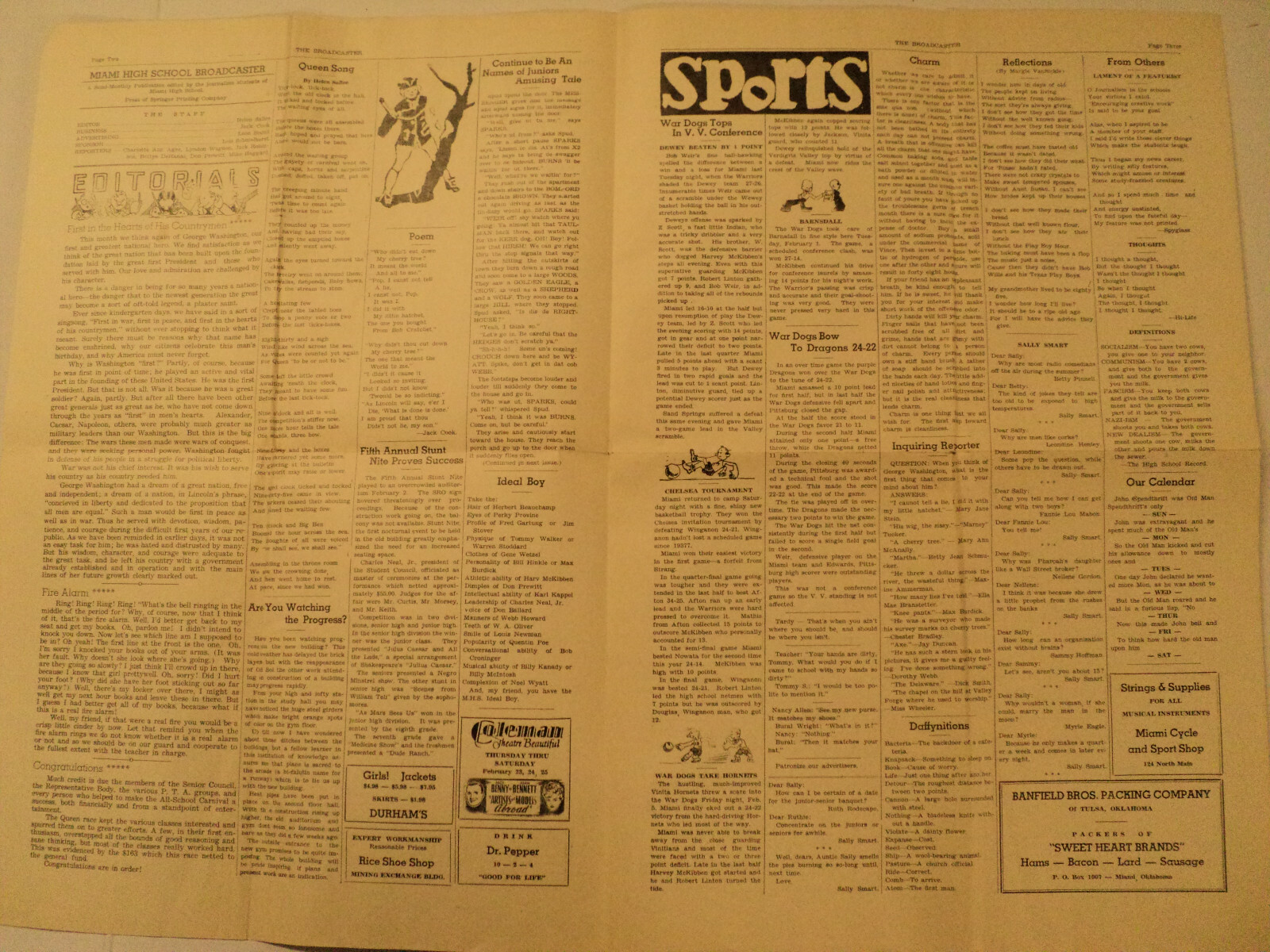 The MHS Broadcaster Vol 13 no 6 Miami Oklahom High School News Paper 02/24/1939