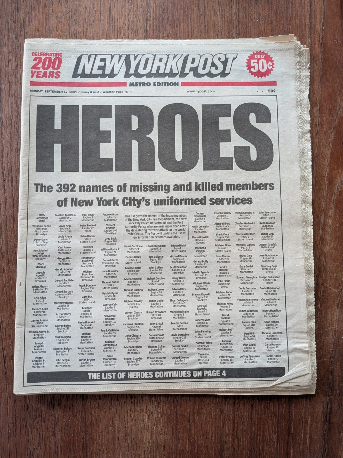 Lot of 4x NYPOST New York Post 9/11 September 12th 13th 16th 17th Editions