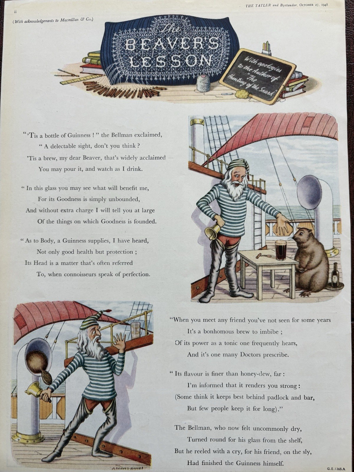 Guinness Vintage Magazine Ad Advertising 1940s The Beaver’s Lesson Tatler 1948