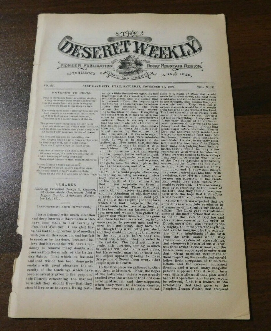 1889 November DESERET WEEKLY Salt Lake City UTAH Newspaper Pioneer Publication
