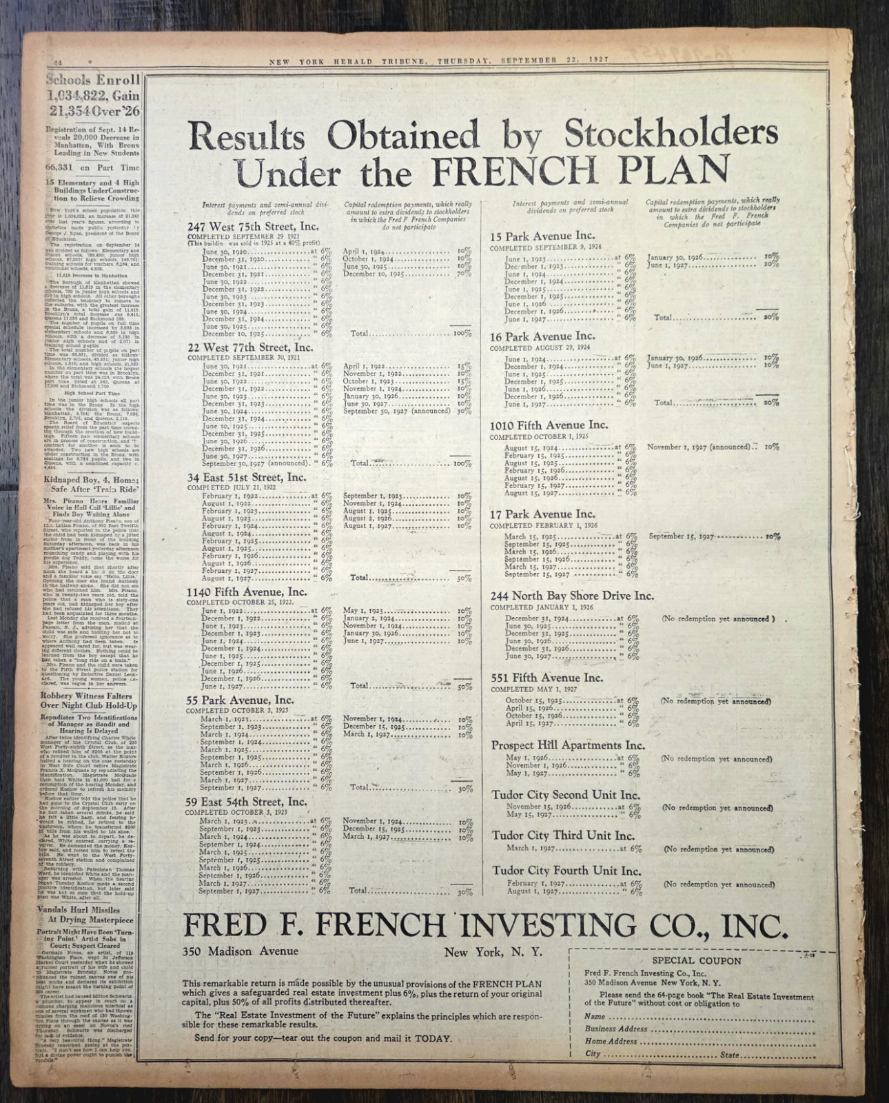 Sept 22, 1927 N.Y Herald Tribune Newspaper: TUNNEY vs DEMPSEY, BABE RUTH 55th