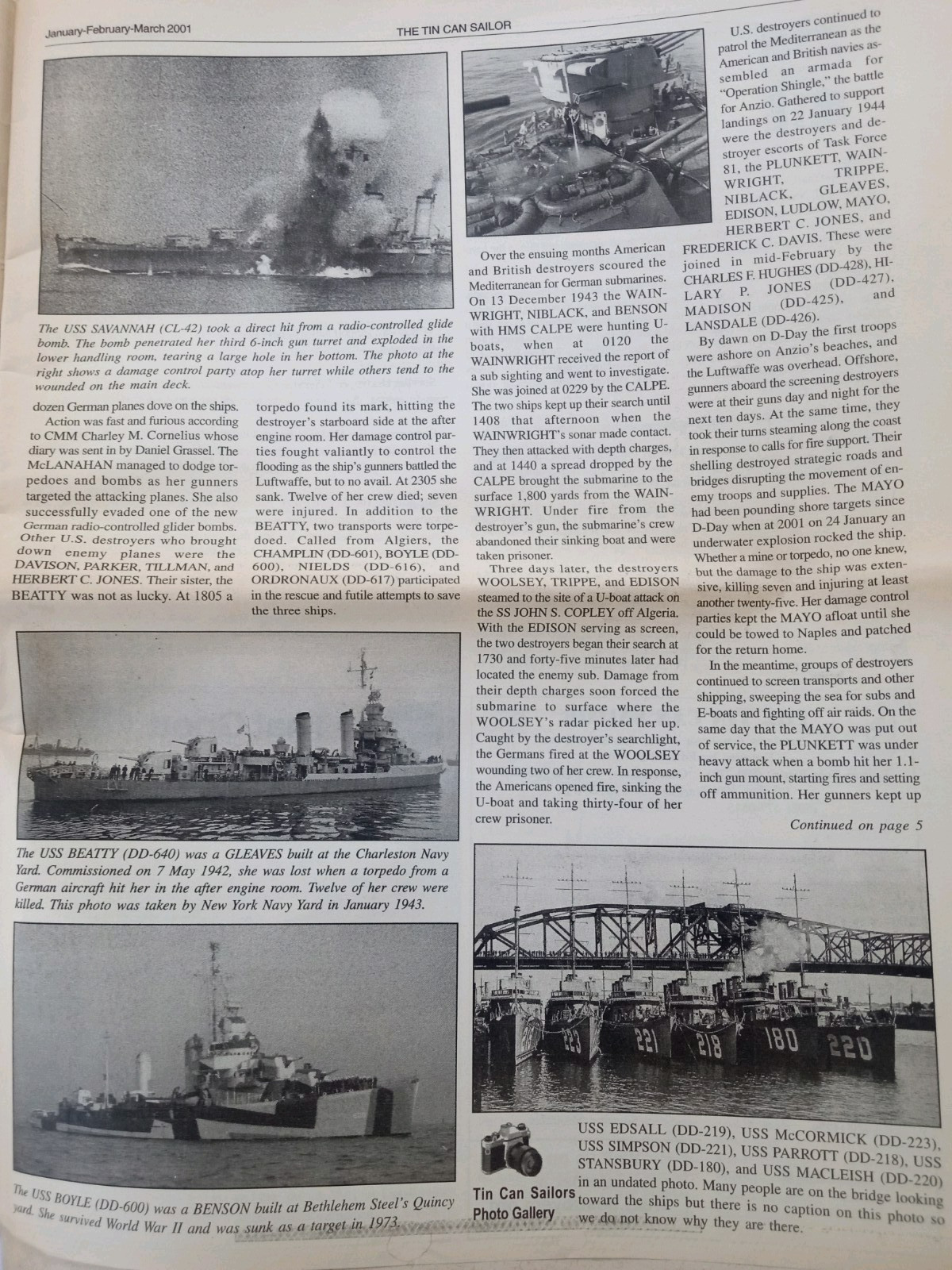 The TIN CAN SAILOR Newspaper 2001 Vol 25 #1 DESTROYER OPERATIONS AGAINST ITALY