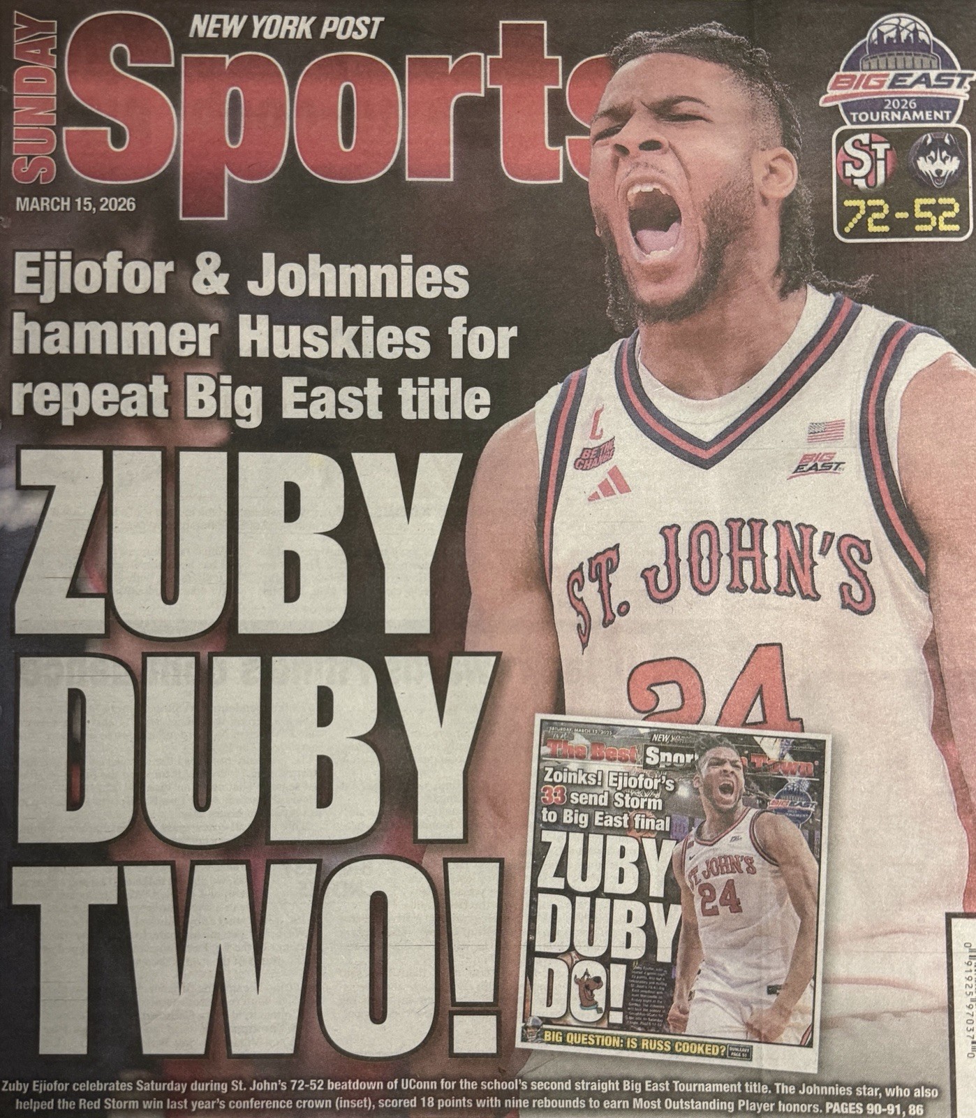 3/15/26 – St. John’s Red Storm – BIG EAST CHAMPS – NY Post Newspaper