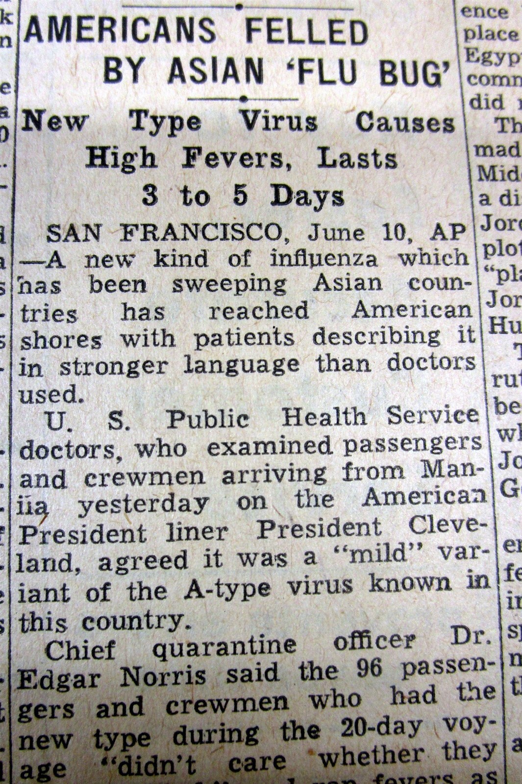 5 1957 newspapers H2N2 ASIAN FLU PANDEMIC BEGINS One of the deadliest in history