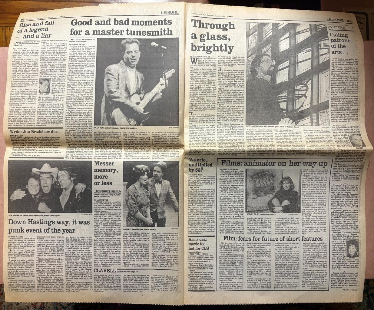 Vancouver Sun Newspaper Leisure Section Only Nov 1986 punk vtg doa clavell
