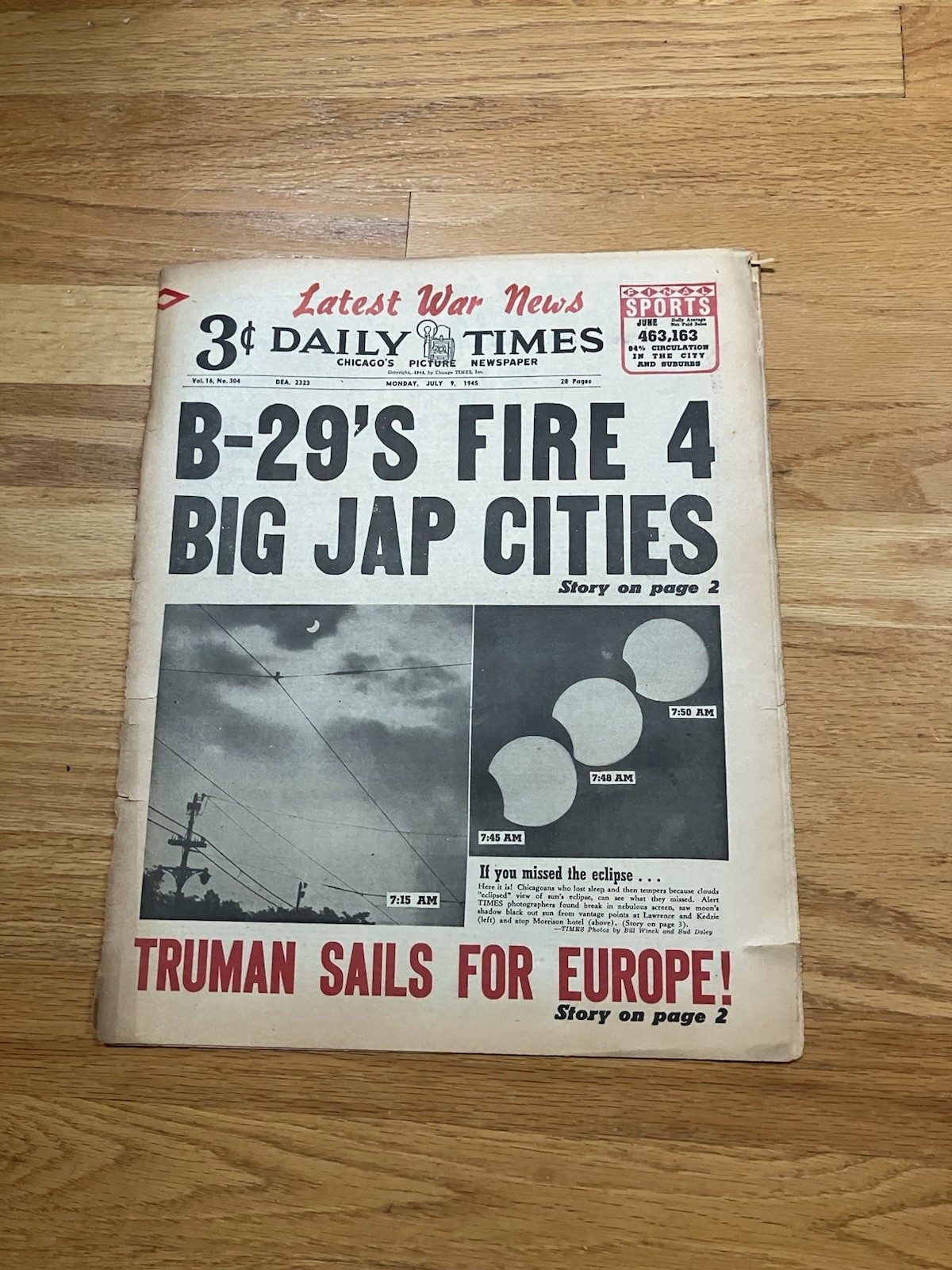 VINTAGE-UNIQUE- CHICAGO DAILY TIMES NEWS 1940s WW2*B29 BOMBER HEADLINES* Lot (3)