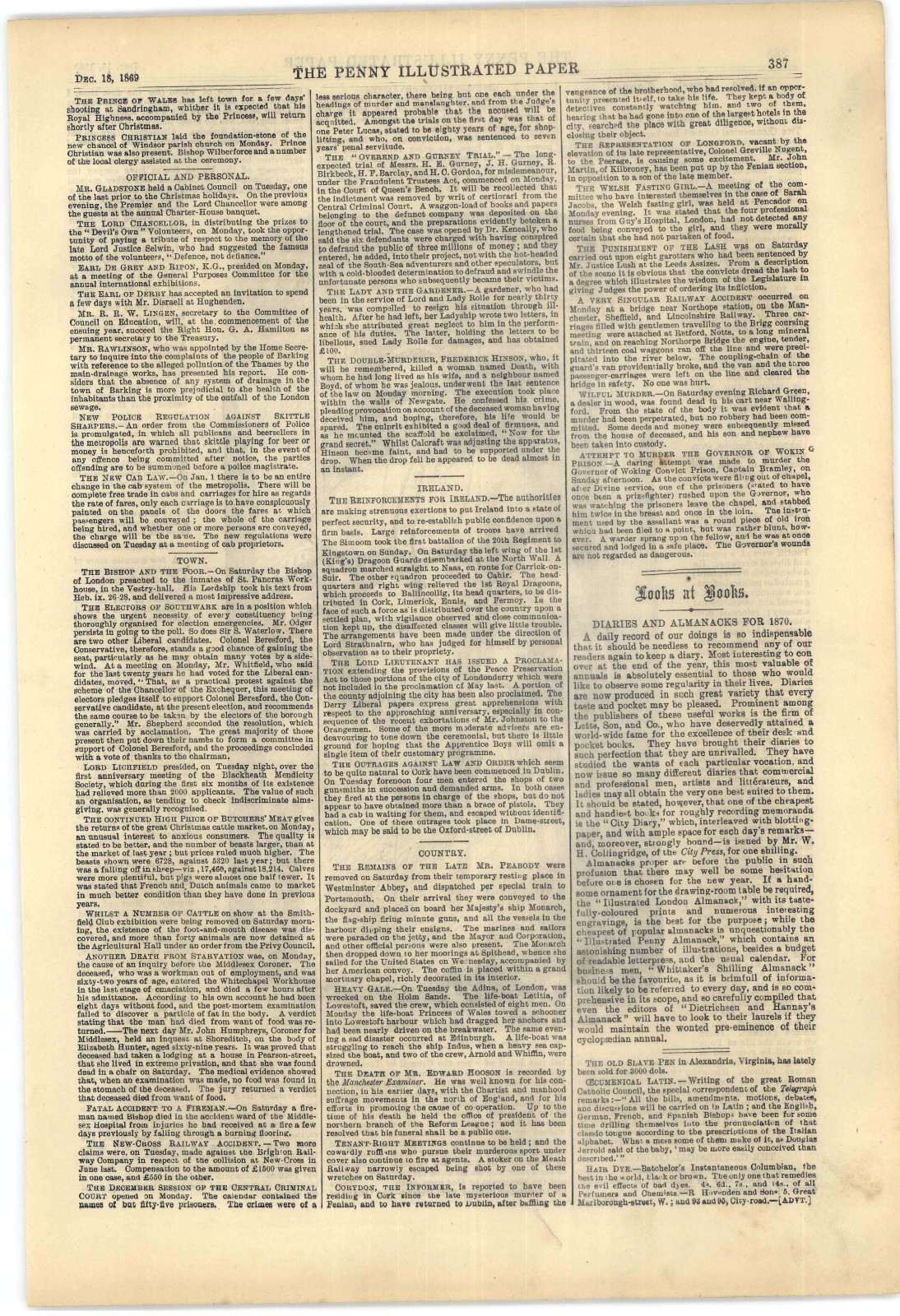 1869 Penny Ilustrated Paper, Devon Savages, NY Richardson Tragedy,Irish Troubles