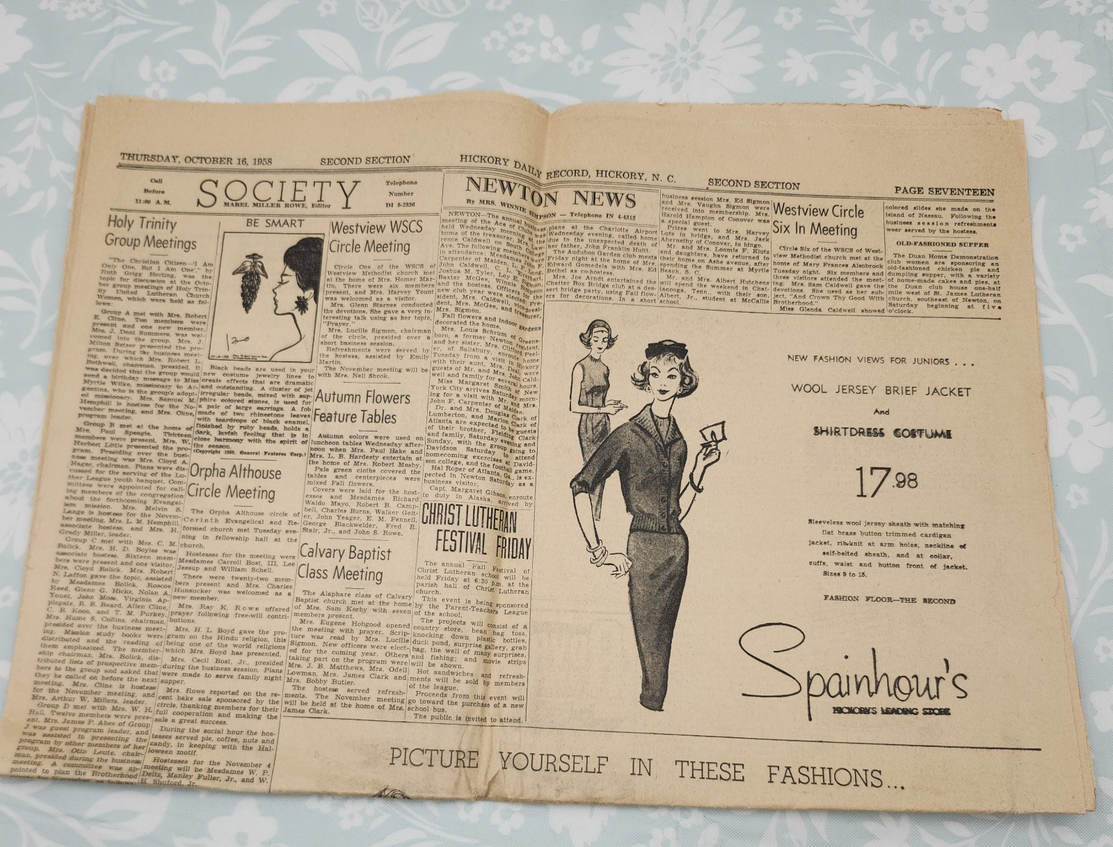 Rare Hickory NORTH CAROLINA newspaper Society fashion ads comics classified 1958