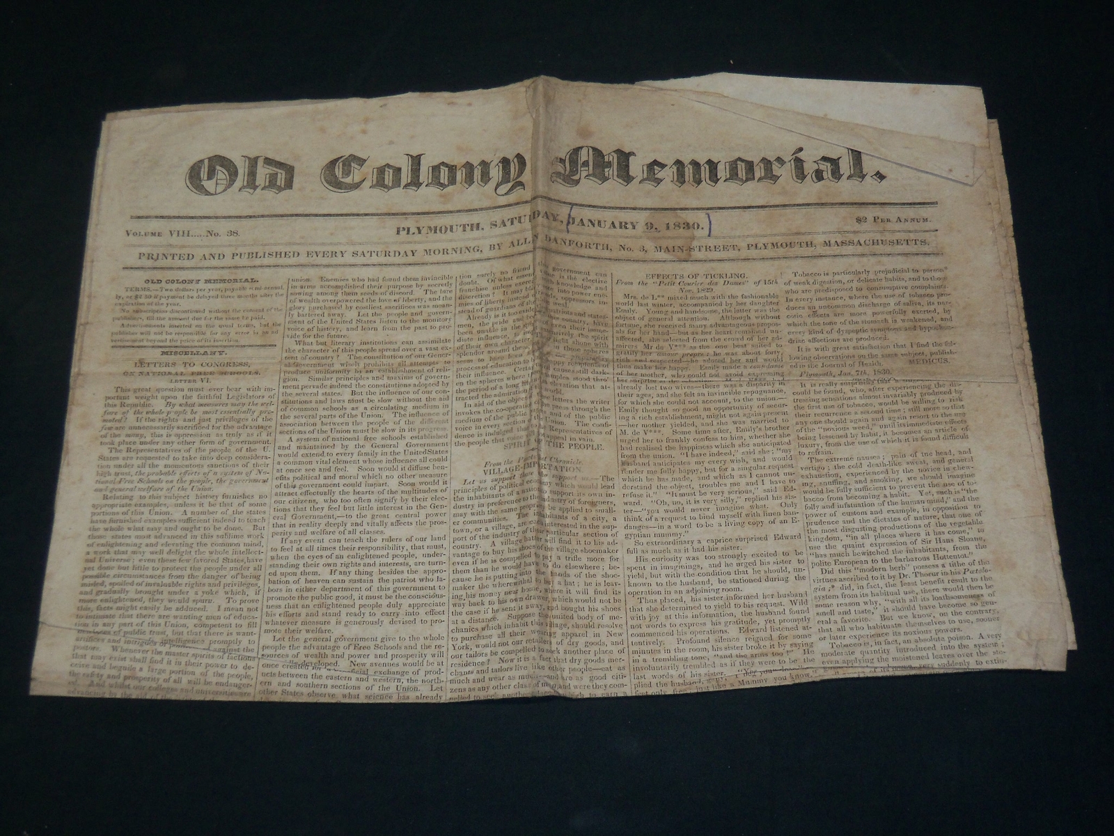 1830 JANUARY 9 OLD COLONY MEMORIAL NEWSPAPER – PLYMOUTH MASSACHUSETTS- NP 5228