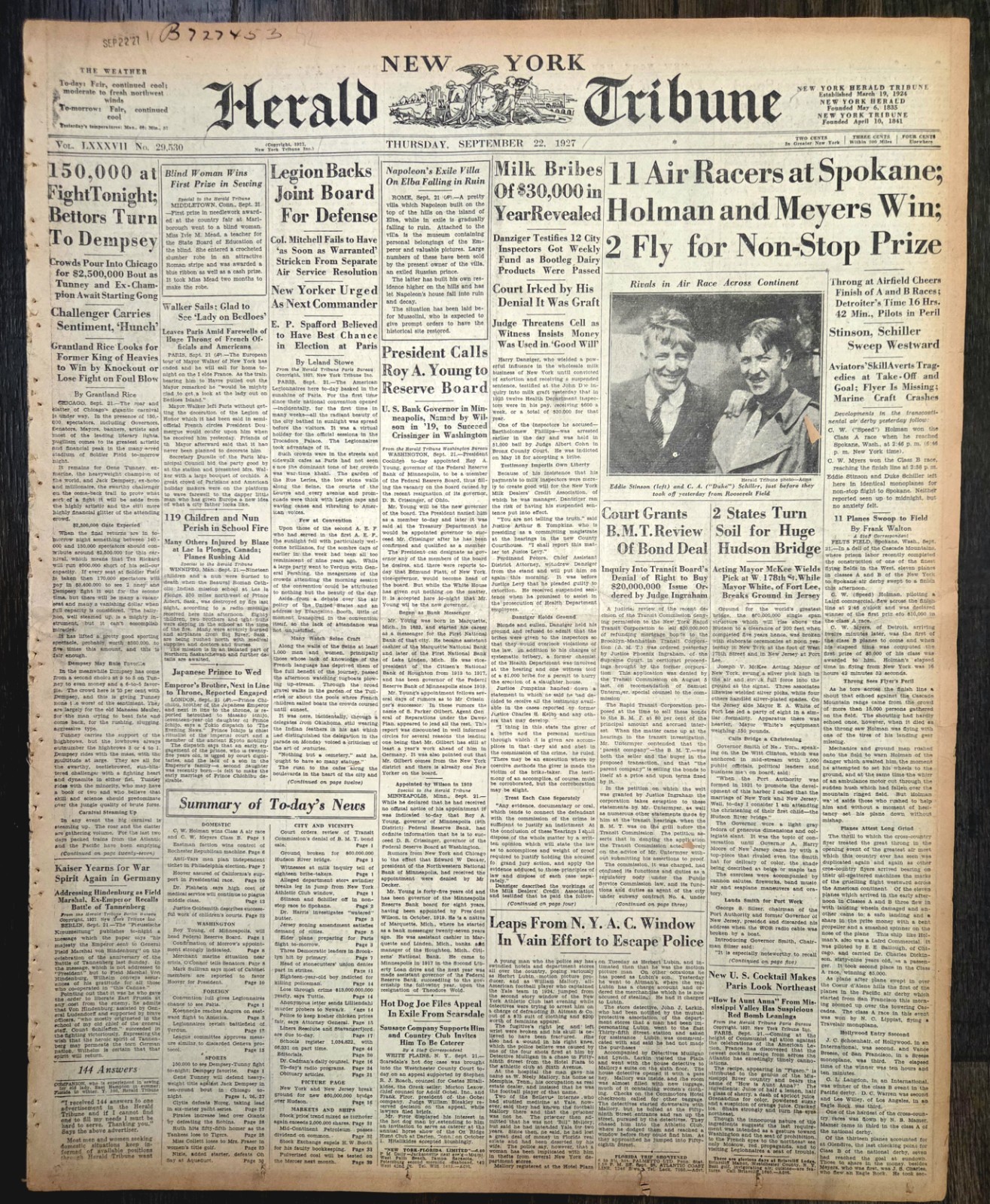 Sept 22, 1927 N.Y Herald Tribune Newspaper: TUNNEY vs DEMPSEY, BABE RUTH 55th