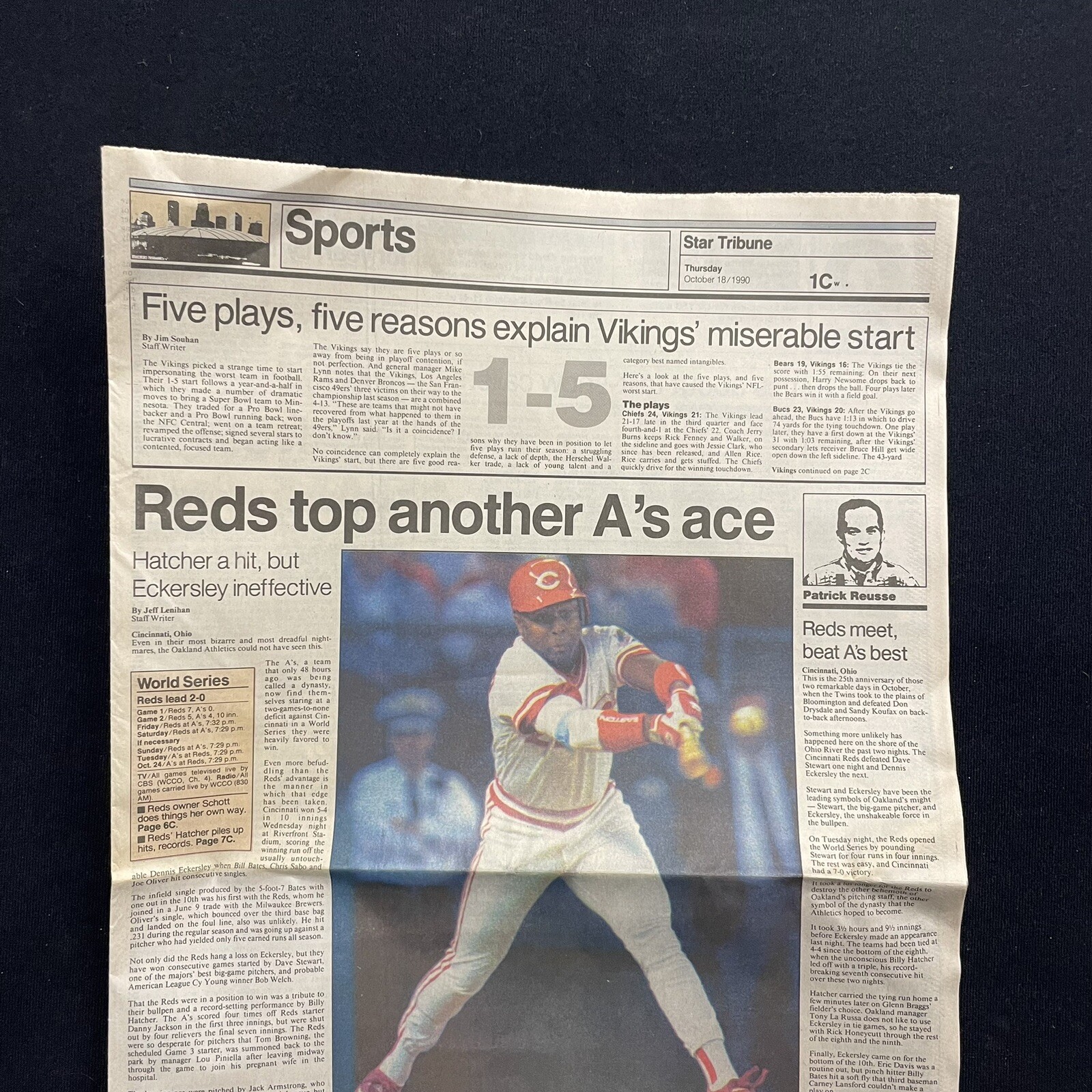 Star Tribune Newspaper Sports Page Cincinnati Reds MLB Game 2 World Series 1990
