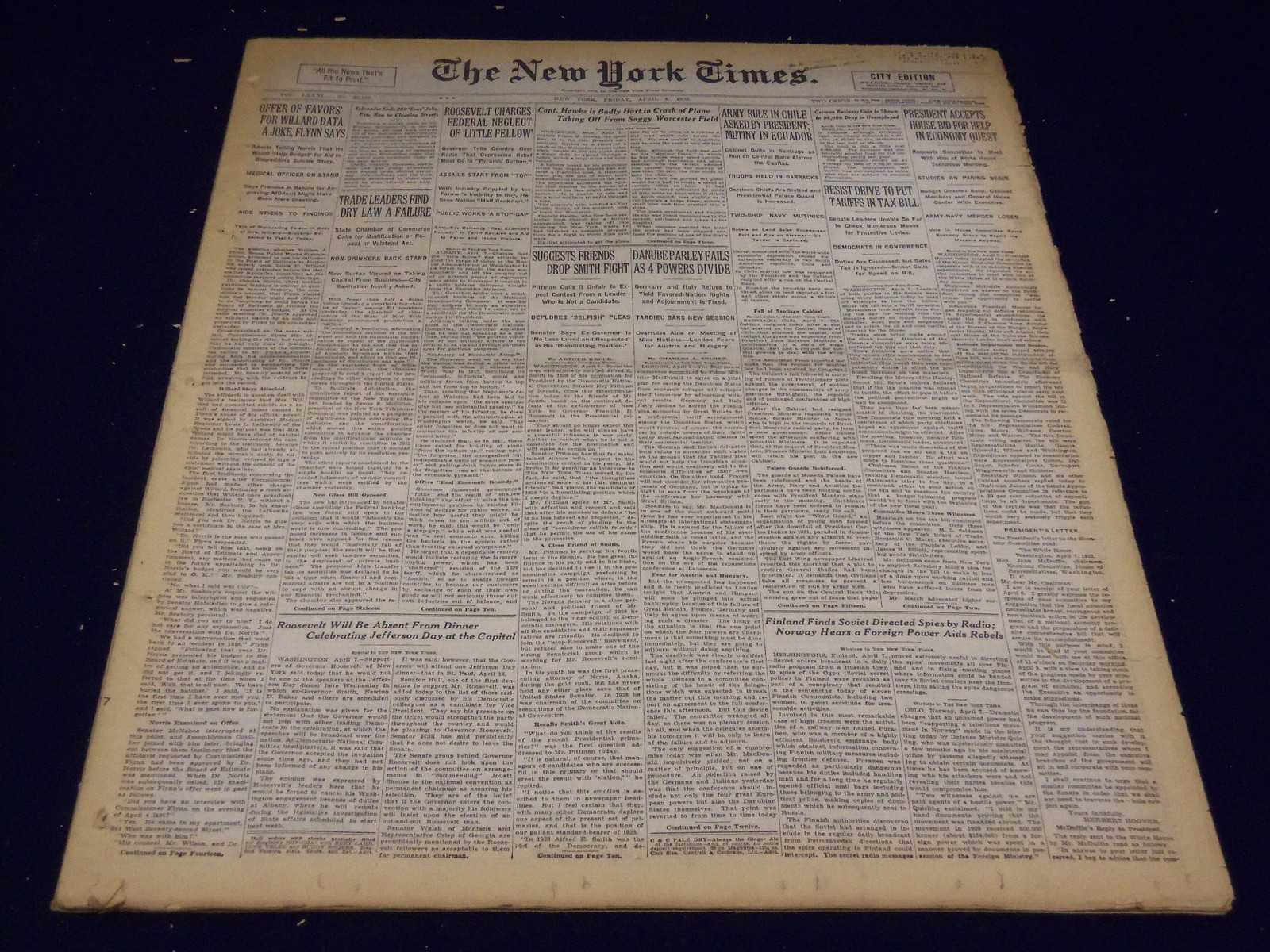1932 APRIL 8 NEW YORK TIMES – CAPT. HAWKS IN PLANE CRASH – NT 4111