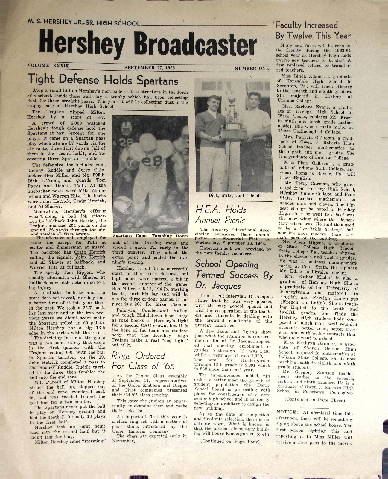 1963 Hershey Broadcaster Newspaper M S Hershey High School Sept 27 Football