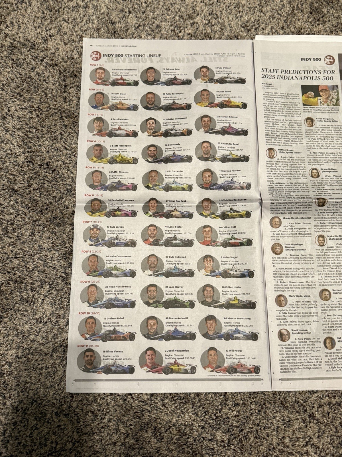 The Indianapolis Star May 25, 2025 Newspaper- Indy 500 2025 Race Preview NEW