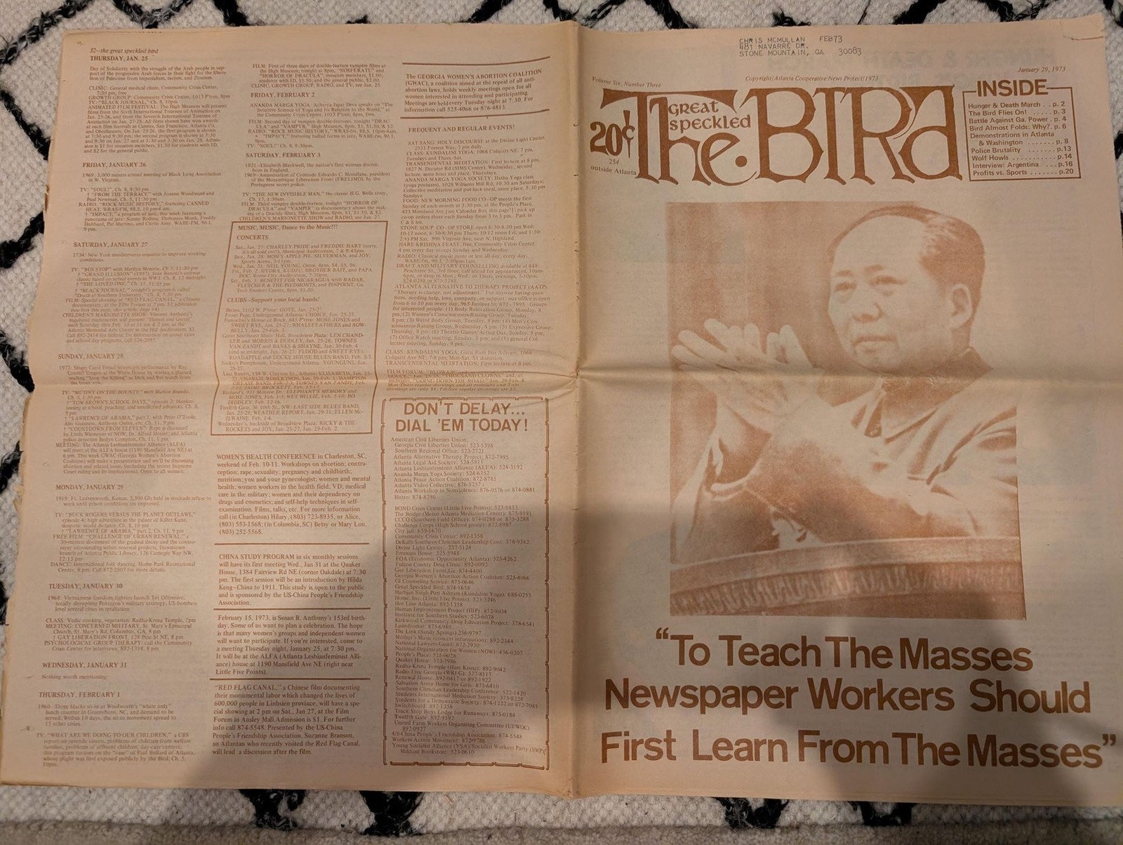 Vintage Underground Newspaper – The Great Speckled Bird – January 29, 1973 – Atl