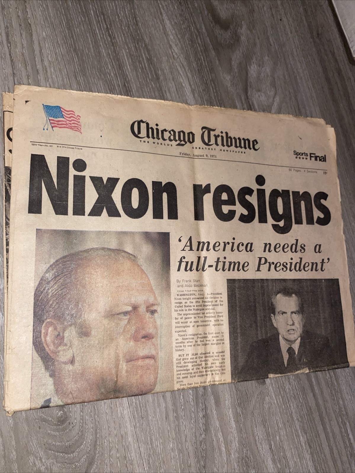 Vintage Newspaper: NIXON RESIGNS, CHICAGO TRIBUNE 1st Section, AUGUST 9TH 1974