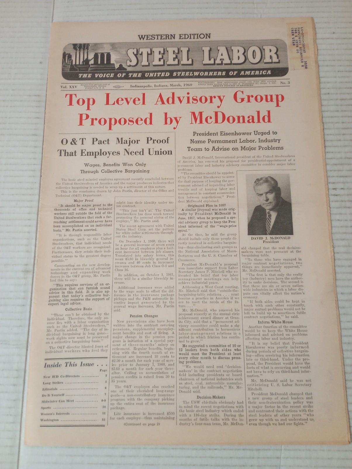 Steel Labor News USWA March 1960 Top Level Advisory Group Proposed by McDonald