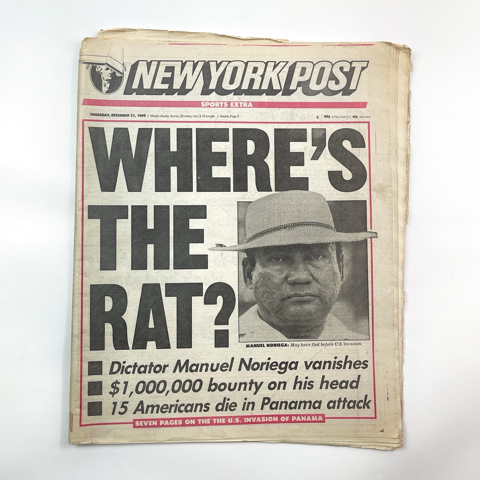 New York Post December 21 1989 Manuel Noriega Where Is the Rat Newspaper