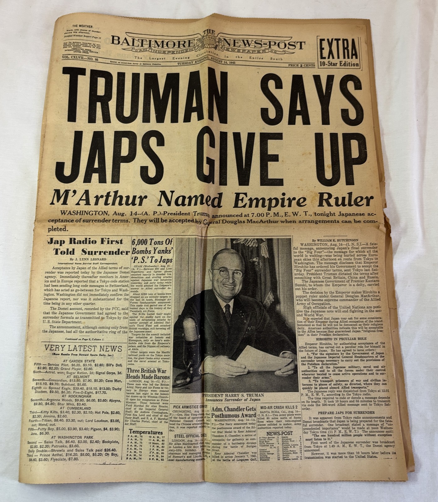 WWII August 14, 1945 Baltimore News-Post first section ~ JAPANESE GIVE UP