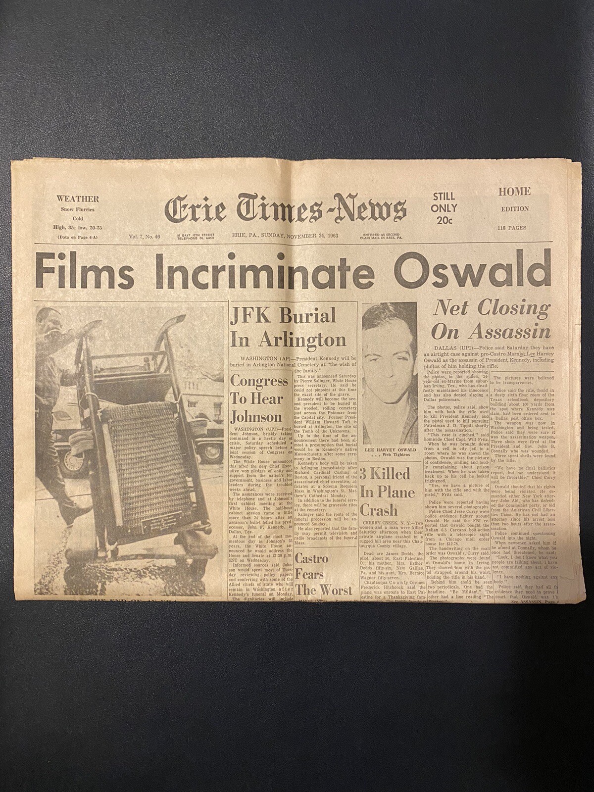 Vintage “Films Incriminate Oswald”Newspaper Erie, PA., Sunday, November 24, 1963
