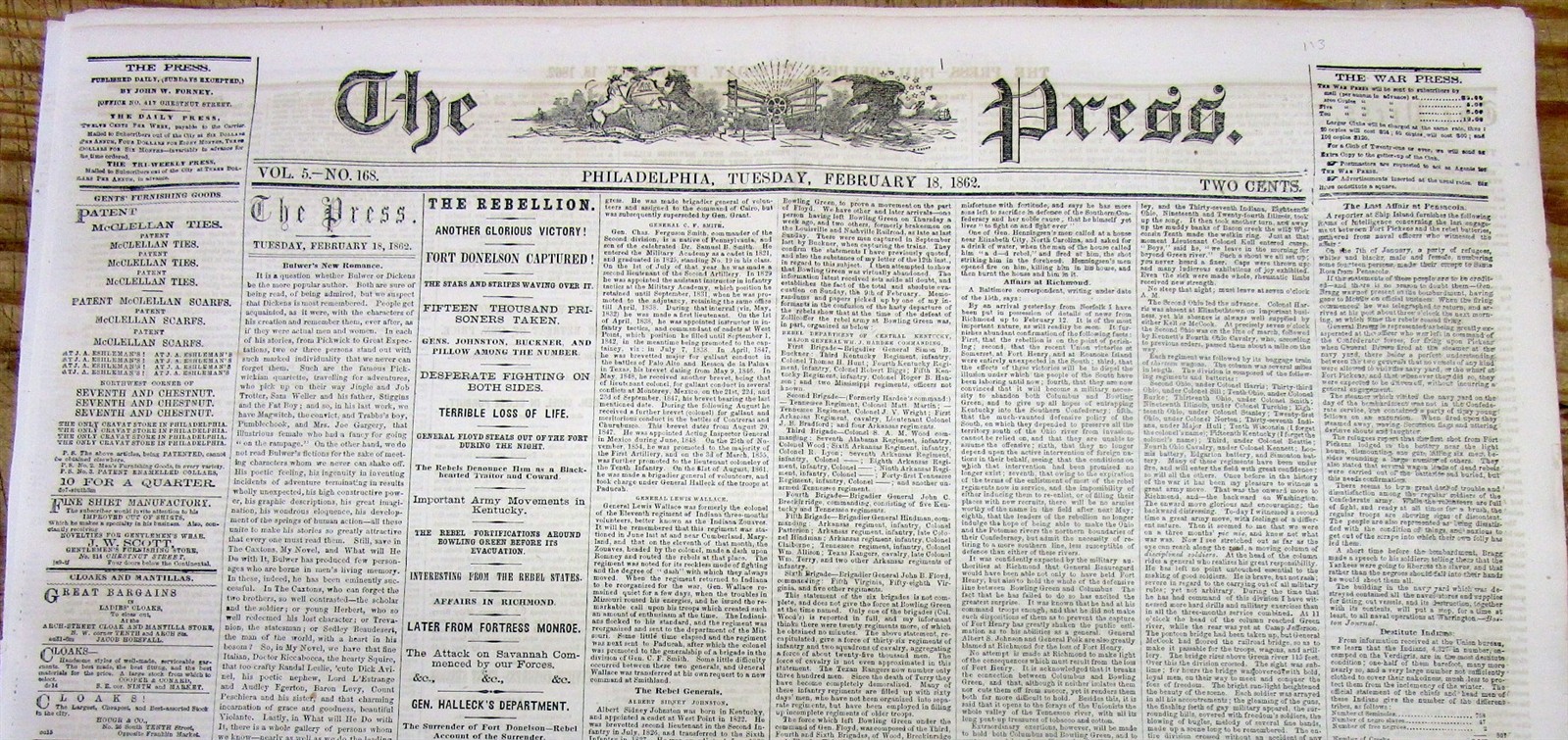 1862 Civil War newspaper US GRANT led UNION ARMY CAPTURES FT DONELSON Tennessee