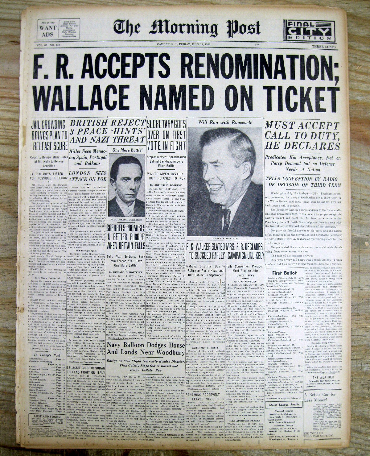 1940 newspaper DEMOCRATS NOMINATE FRANKLIN D ROOSEVELT for 3rd TERM as PRESIDENT