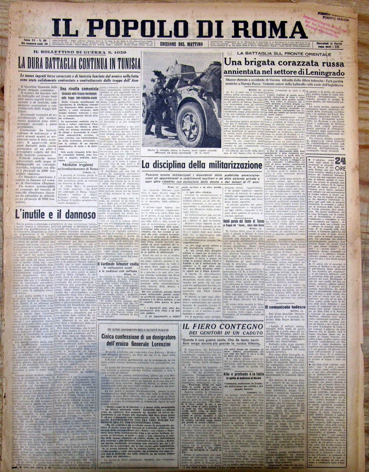 3 1943 WW II Rome ITALY Fascist newspapers GERMANY defeat NORTH AFRICA CAMPAIGN