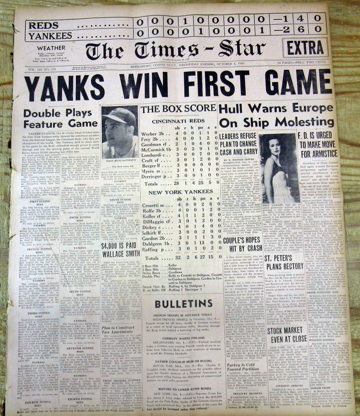 4 1939 newspapers NEW YORK YANKEES WIN BASEBALL WORLD SERIES vs CINCINNATI REDS