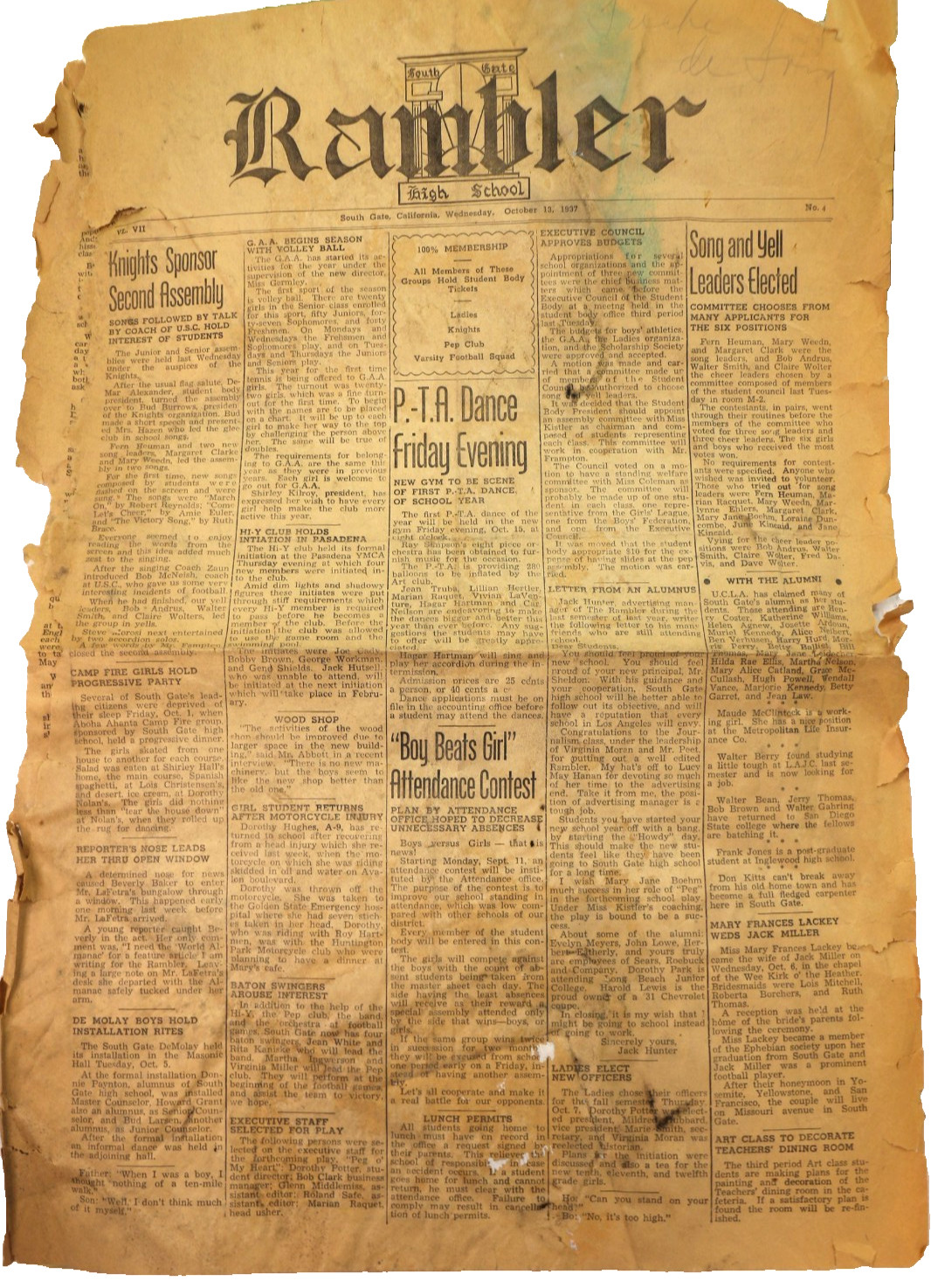 1937 South Gate California High School RAMBLER Newspaper Oct.13, 1937